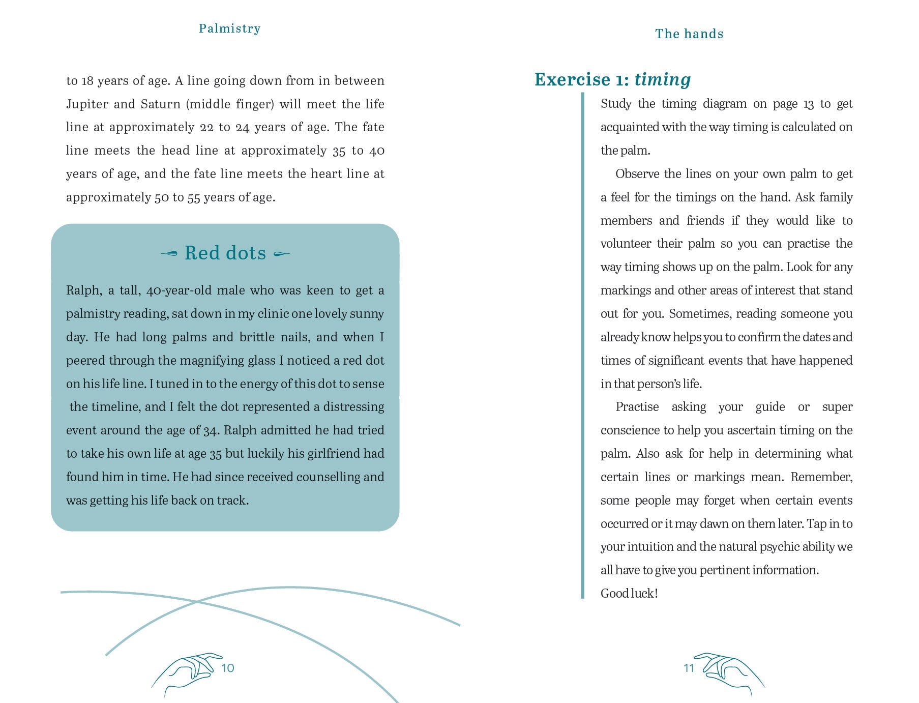 Open book with text on palmistry and timing exercises, featuring a blue rectangular box with 'Red dots' text.