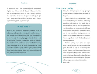Open book with text on palmistry and timing exercises, featuring a blue rectangular box with 'Red dots' text.
