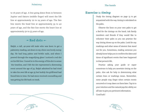 Open book with text on palmistry and timing exercises, featuring a blue rectangular box with 'Red dots' text.