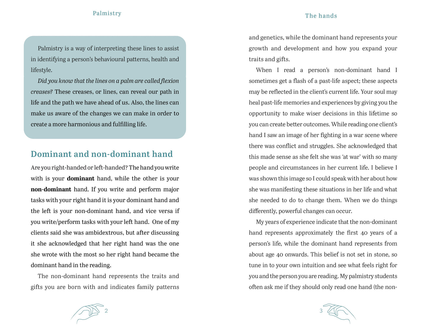 Text on palmistry with explanations of dominant and non-dominant hands.