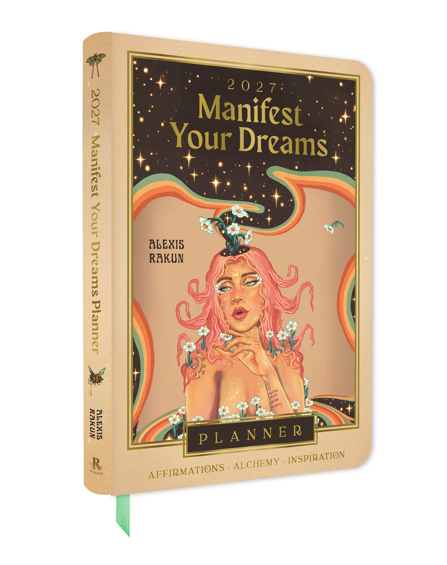 Planner cover of Manifest Your Dreams 2027 design featuring a woman's face, pink hair, and celestial elements with text 'Manifest Your Dreams' on a white background.