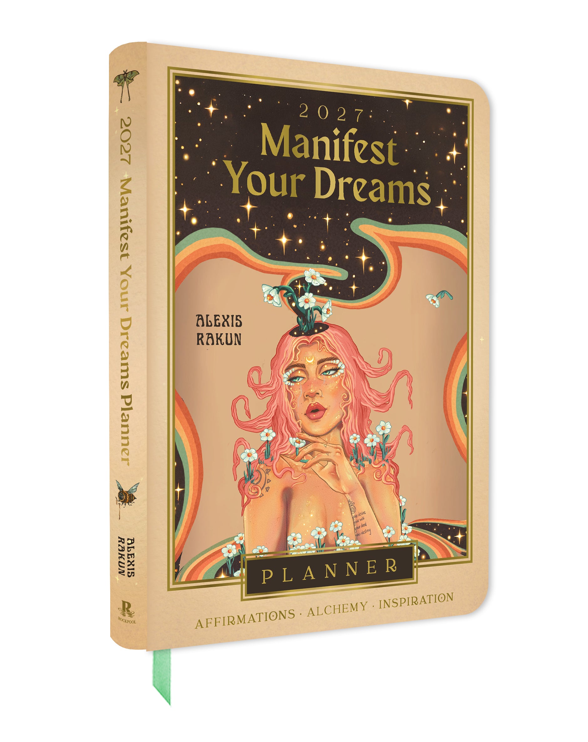 Planner cover of Manifest Your Dreams 2027 design featuring a woman's face, pink hair, and celestial elements with text 'Manifest Your Dreams' on a white background.