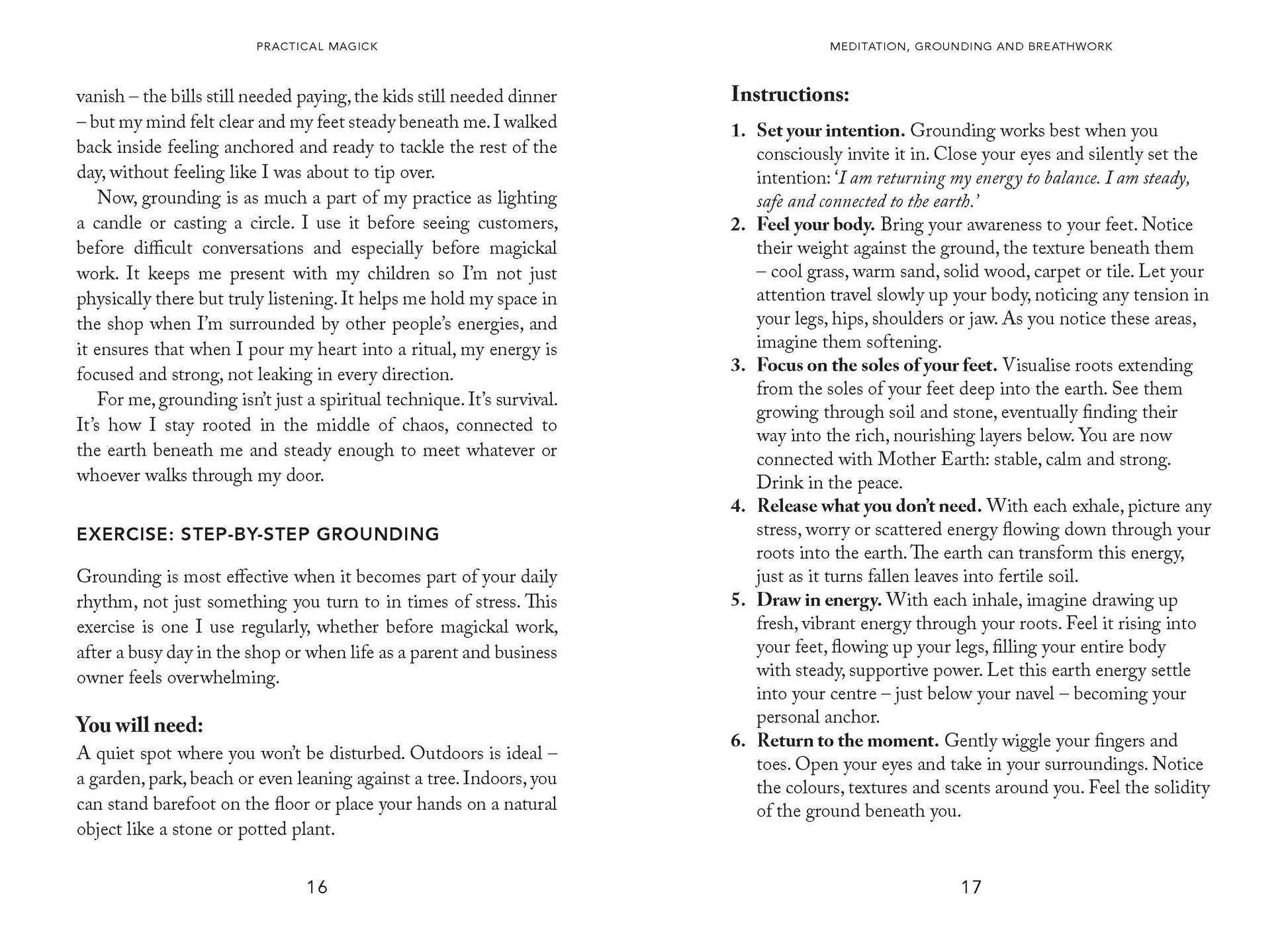 Page from a book on meditation, grounding, and breathing with text and instructions.