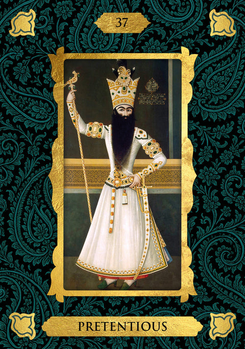 Card with a person in elaborate attire on a decorative background, labeled 'Pretentious'.