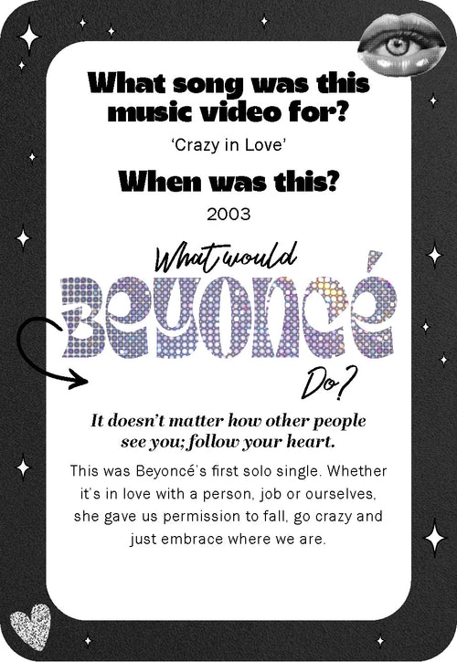 Promotional card for Beyoncé's 'Crazy in Love' music video, asking about the song and its release year.