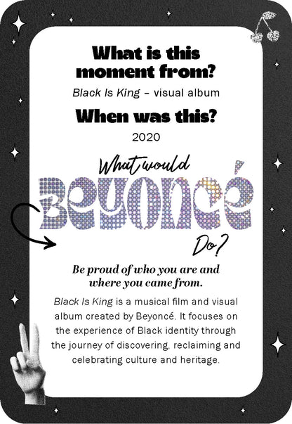 Promotional card for 'Black Is King' by Beyoncé with text and a hand making a peace sign.
