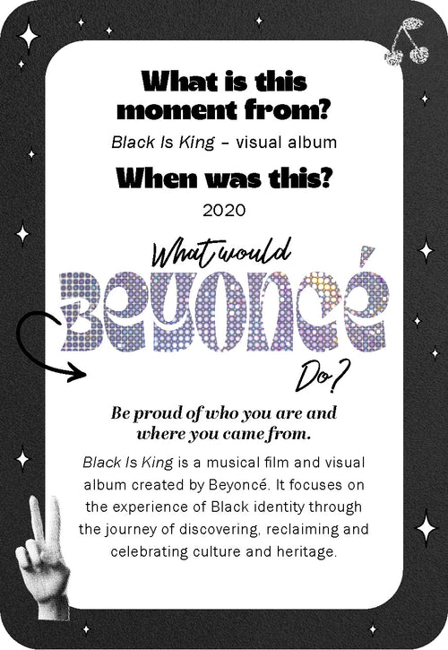 Promotional card for 'Black Is King' by Beyoncé with text and a hand making a peace sign.