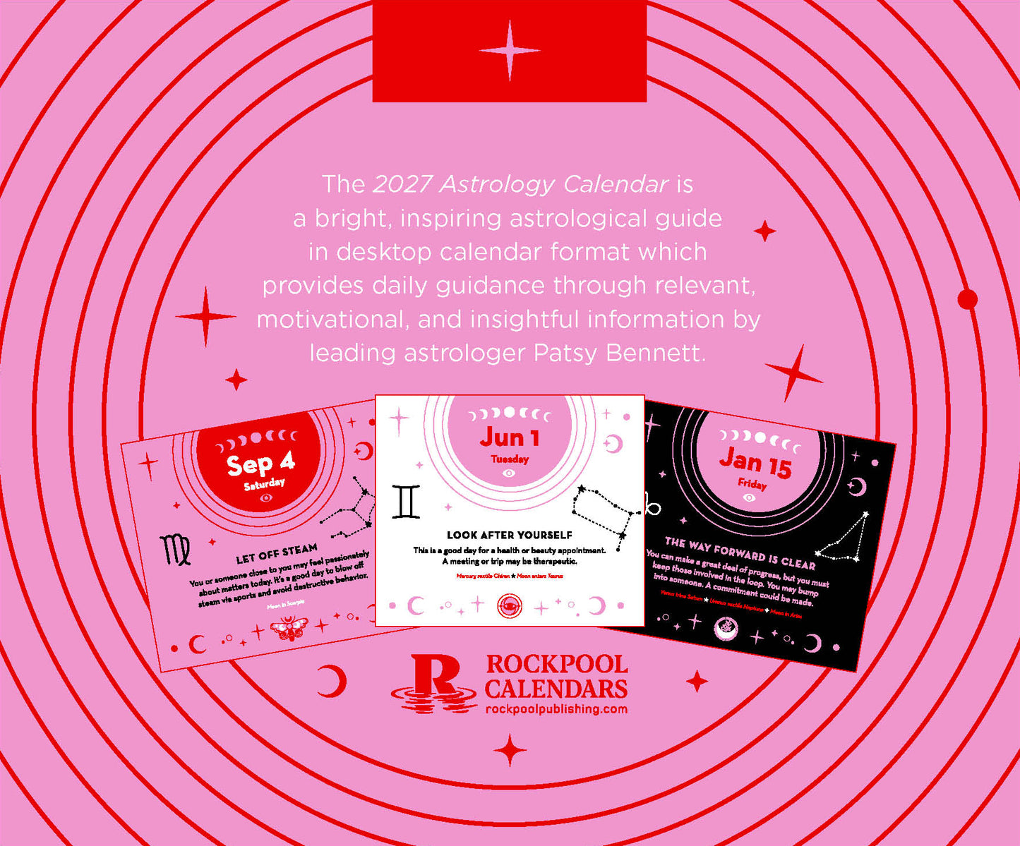 Promotional image of a 2027 Astrology Calendar by Rockpool Calendars on a pink background with text.