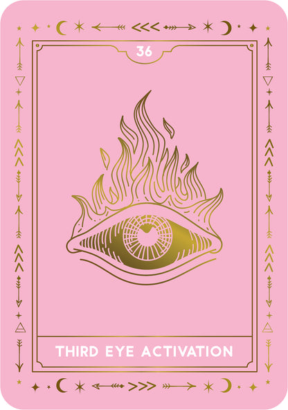 Card with a gold eye illustration on a pink background, labeled 'Third Eye Activation'.