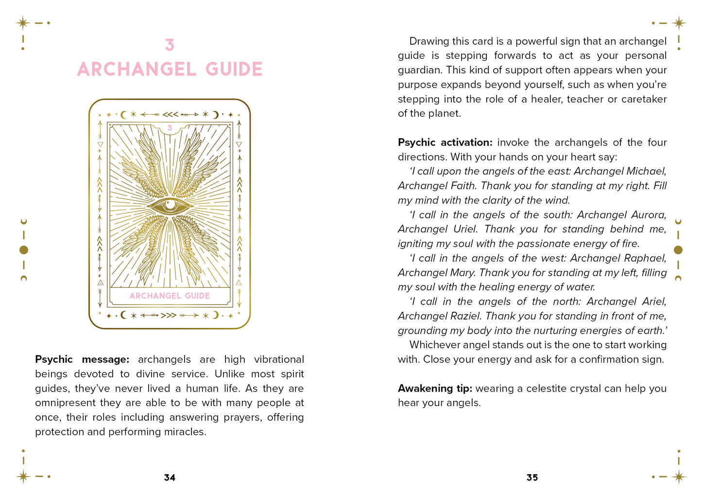 Page from a book or guide featuring an archangel card illustration and text.