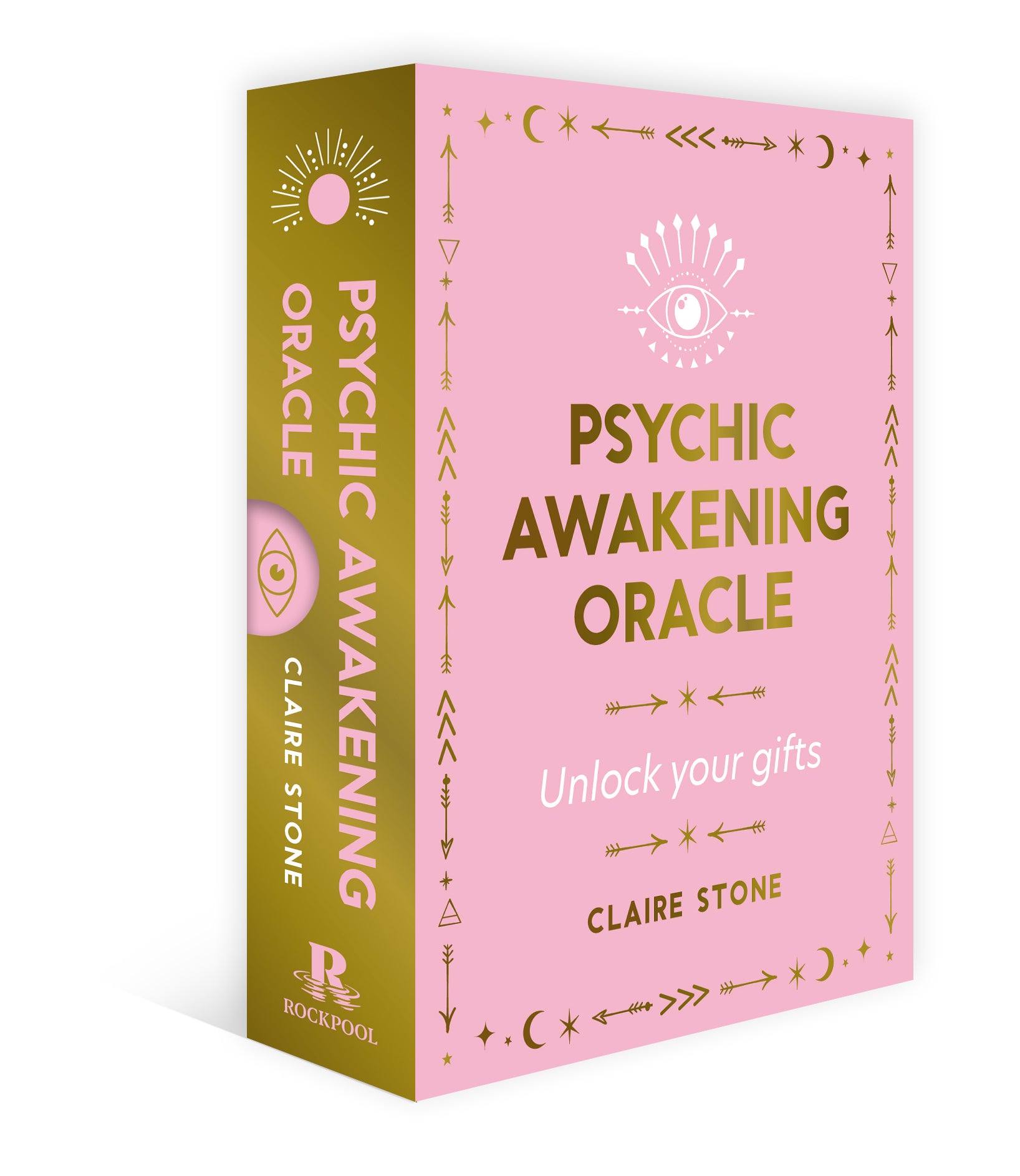 Pink and yellow 'Psychic Awakening Oracle' box by Claire Stone on a white background