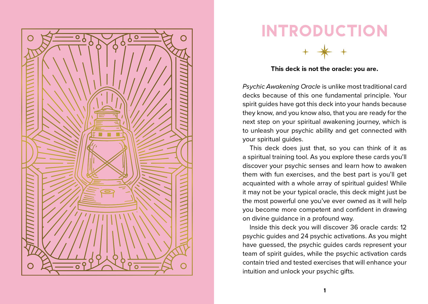 Oralook Psychic Awakening Oracle card deck with pink cover and text introduction on a white background