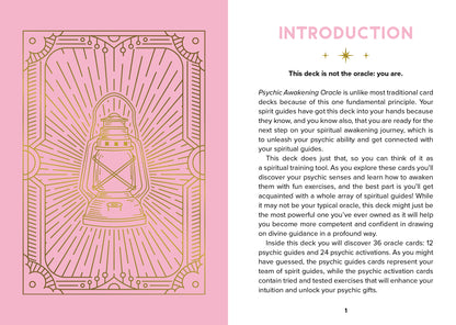 Oralook Psychic Awakening Oracle card deck with pink cover and text introduction on a white background
