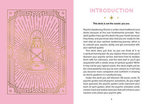 Oralook Psychic Awakening Oracle card deck with pink cover and text introduction on a white background
