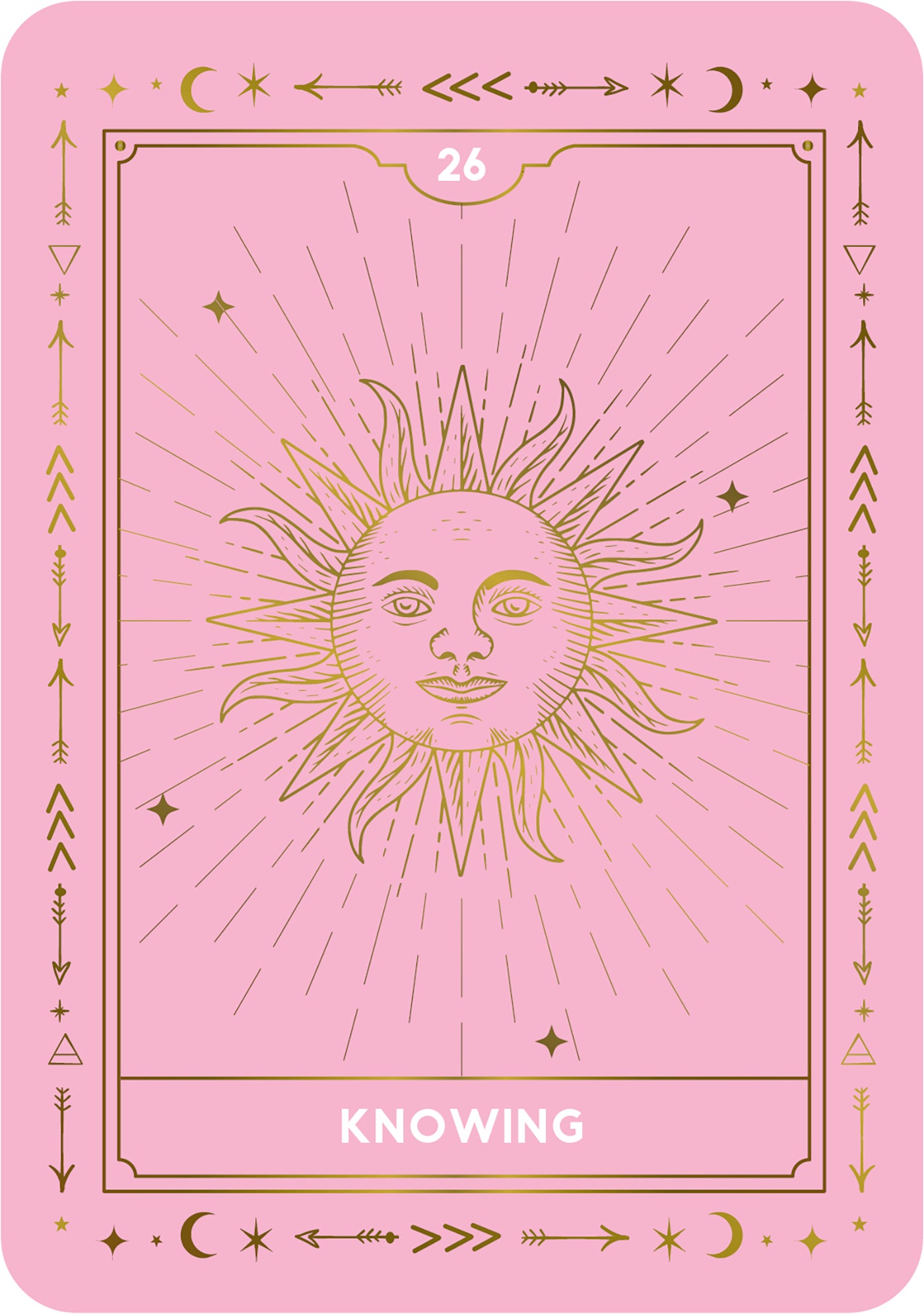 Pink tarot card with a sun design and 'Knowing' text on a pink background