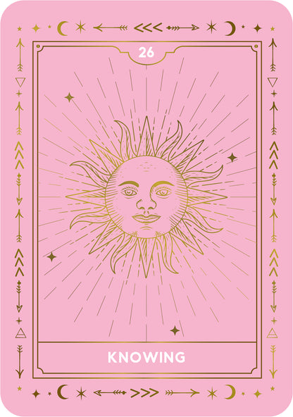 Pink tarot card with a sun design and 'Knowing' text on a pink background