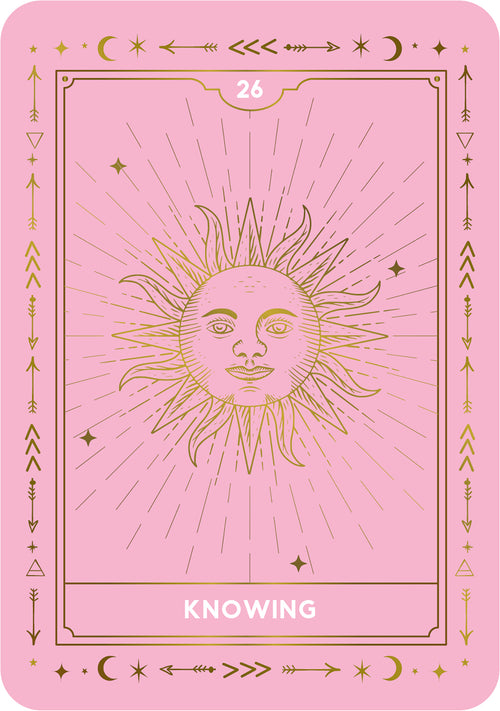 Pink tarot card with a sun design and 'Knowing' text on a pink background