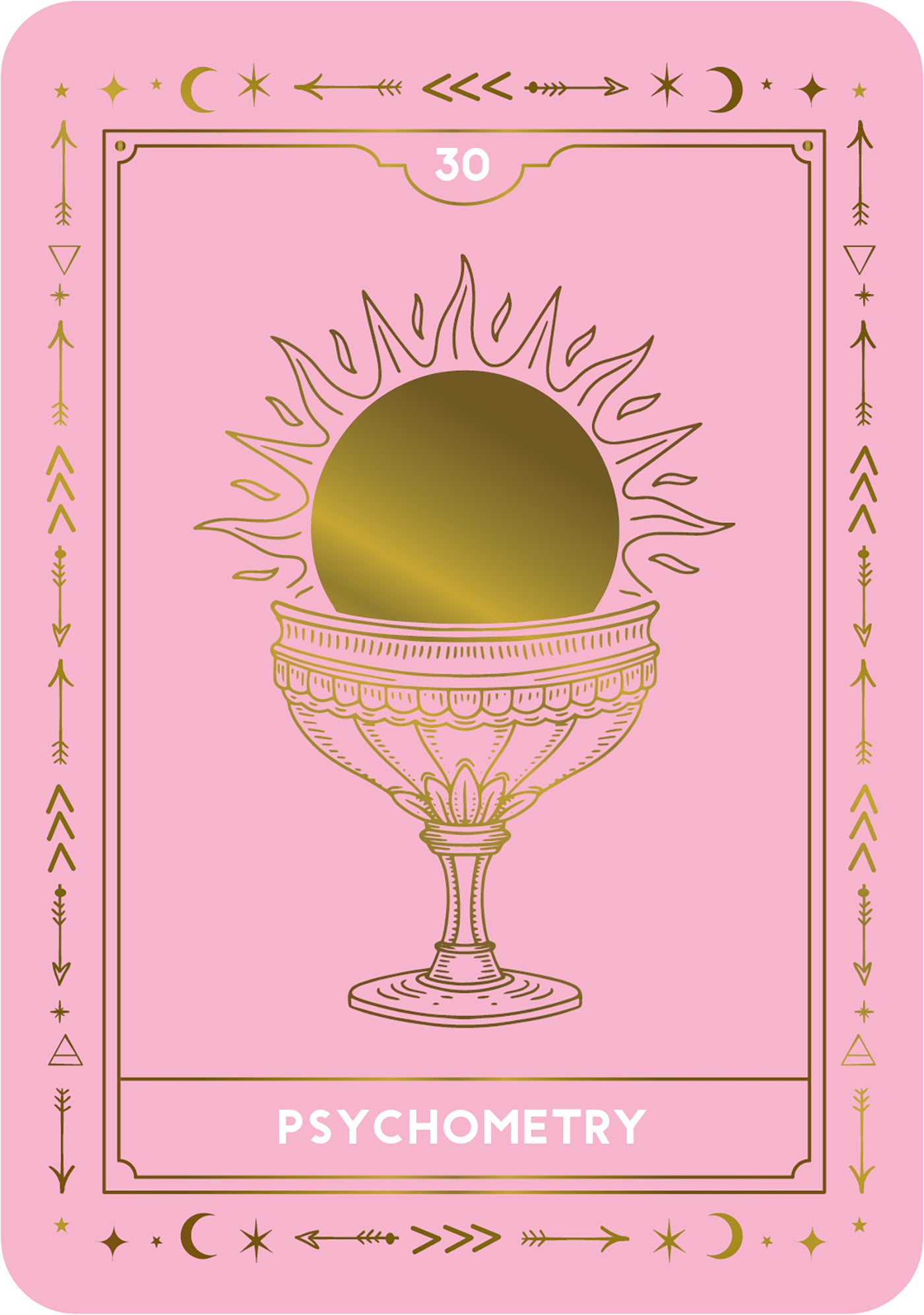Card with a gold sphere in a cup on a pink background, labeled 'Psychometry'.