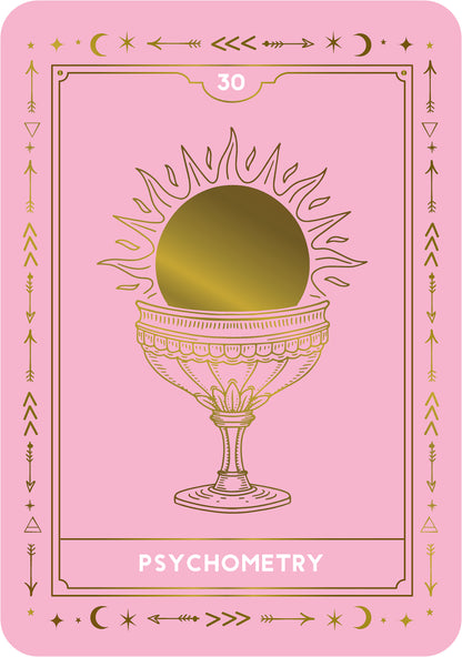 Card with a gold sphere in a cup on a pink background, labeled 'Psychometry'.