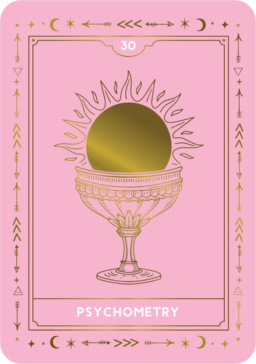 Card with a gold sphere in a cup on a pink background, labeled 'Psychometry'.