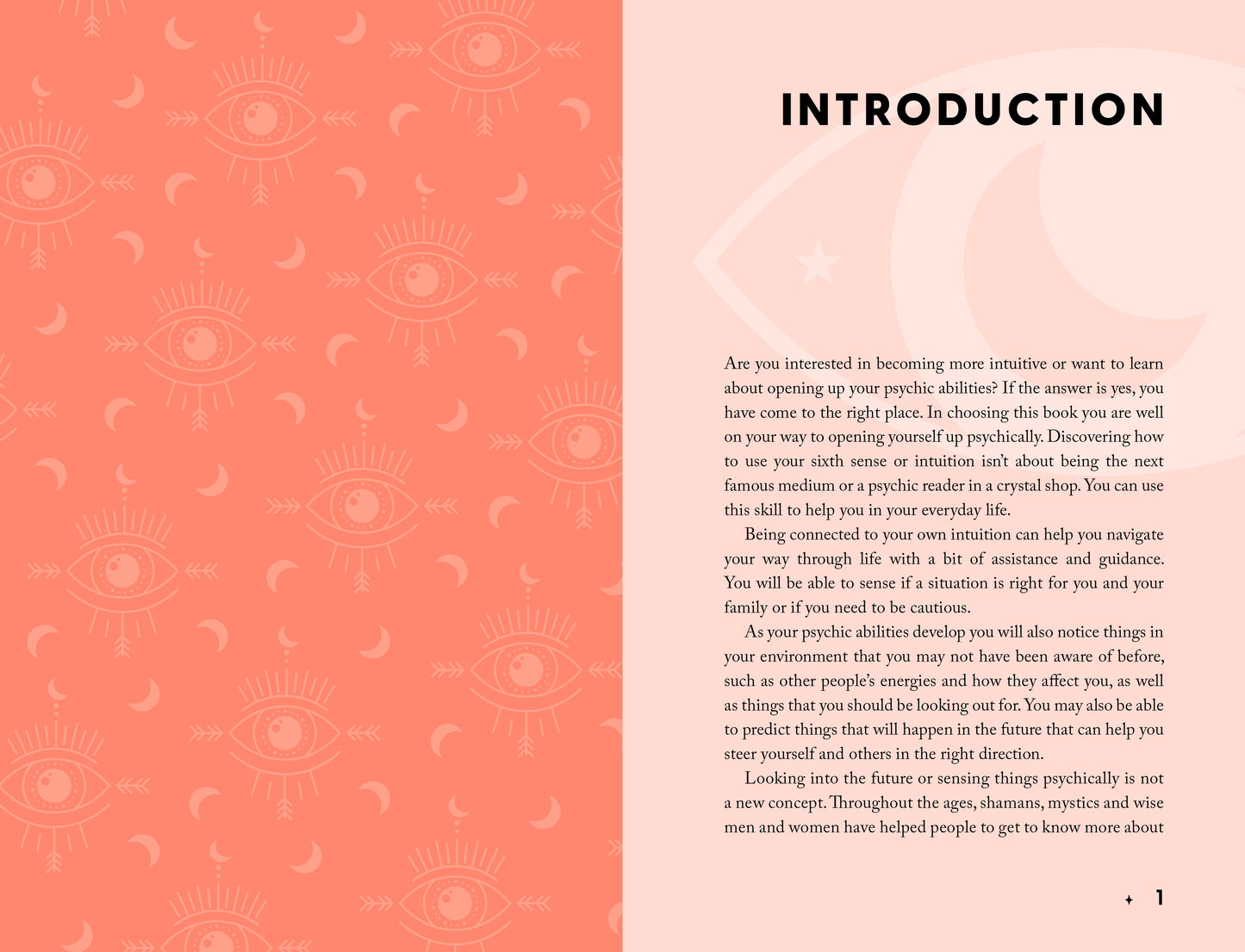 Book or magazine page with introduction text on a pink background with eye patterns