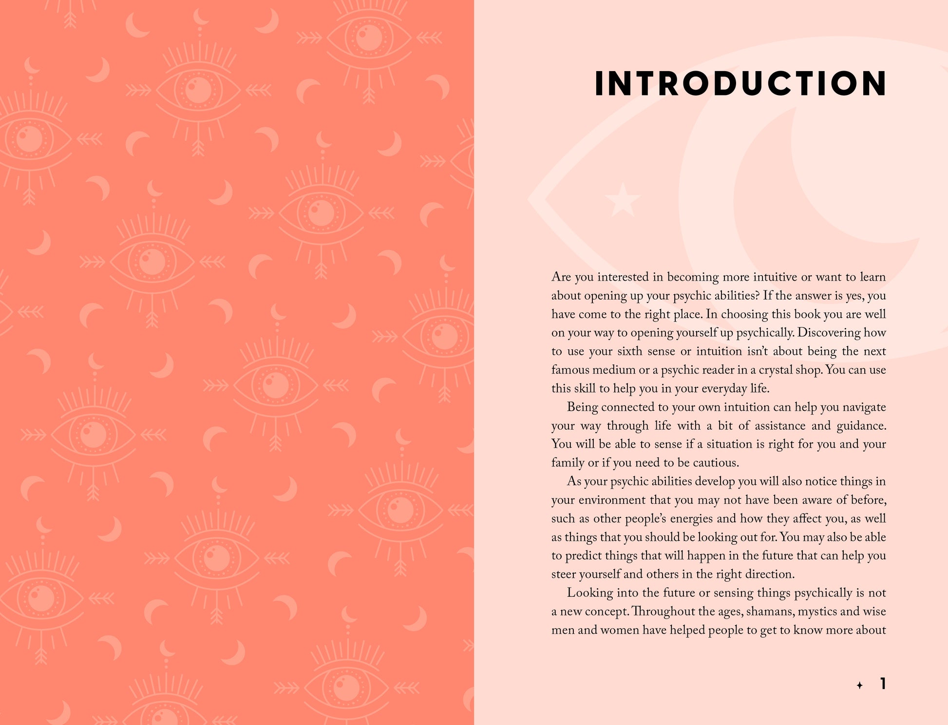 Book or magazine page with introduction text on a pink background with eye patterns