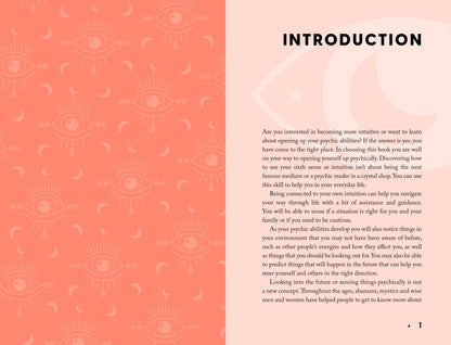 Book or magazine page with introduction text on a pink background with eye patterns