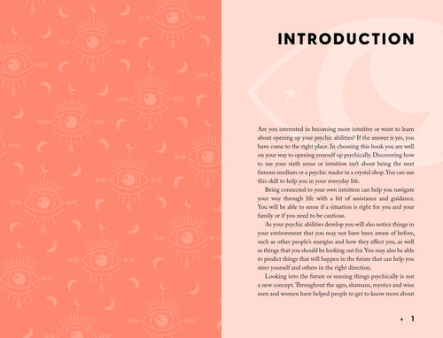 Book or magazine page with introduction text on a pink background with eye patterns