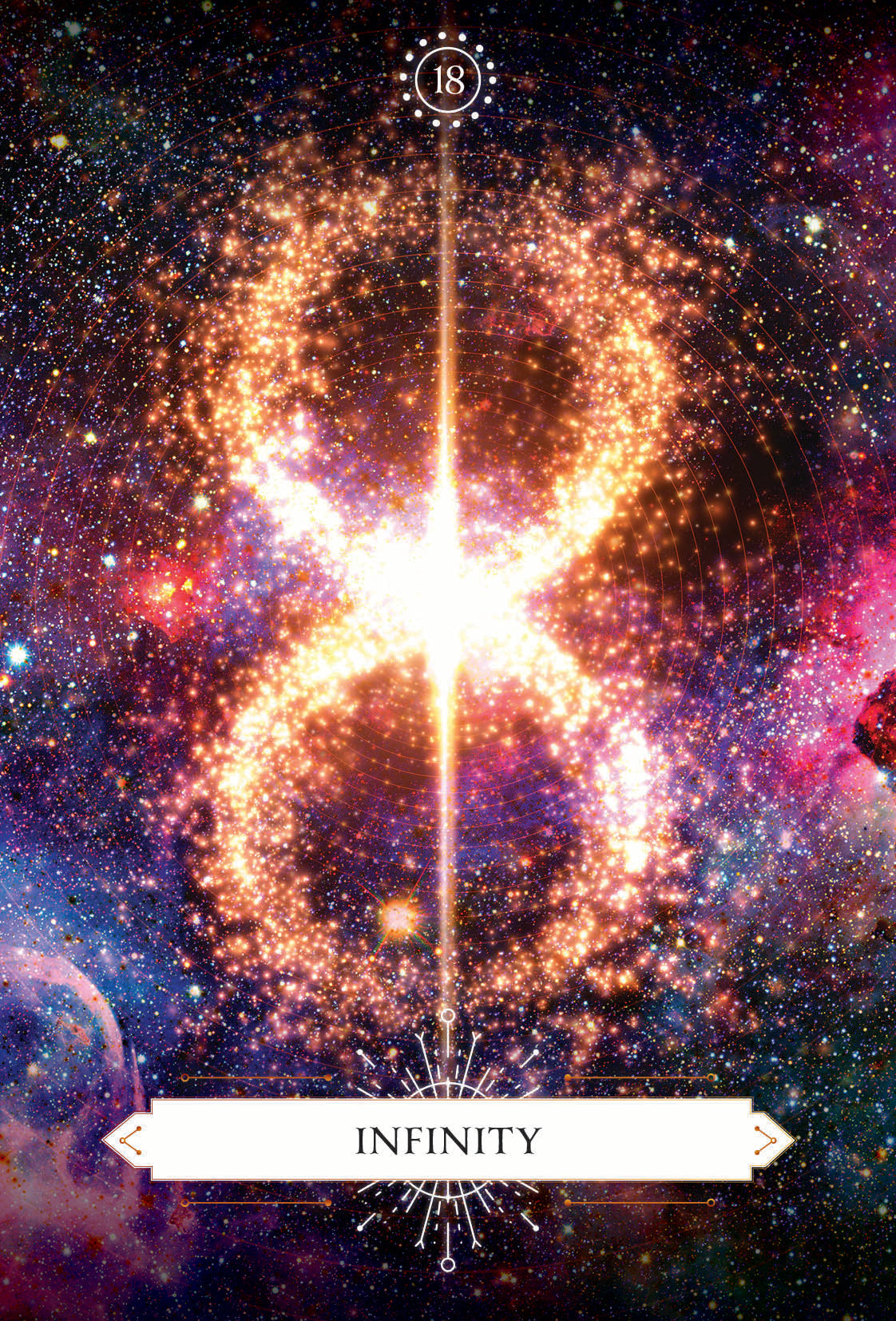 Infinite symbol with cosmic background and 'INFINITY' text
