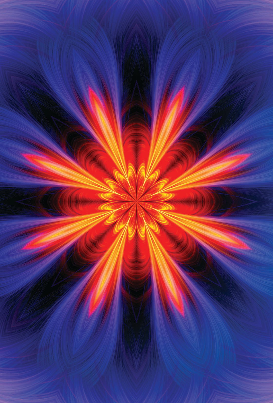 Mandala design with red and orange colors on a blue background