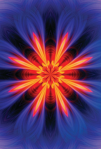 Mandala design with red and orange colors on a blue background