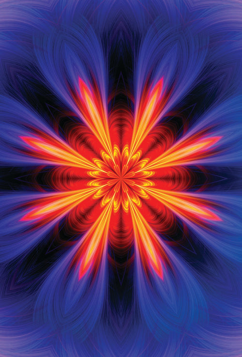 Mandala design with red and orange colors on a blue background
