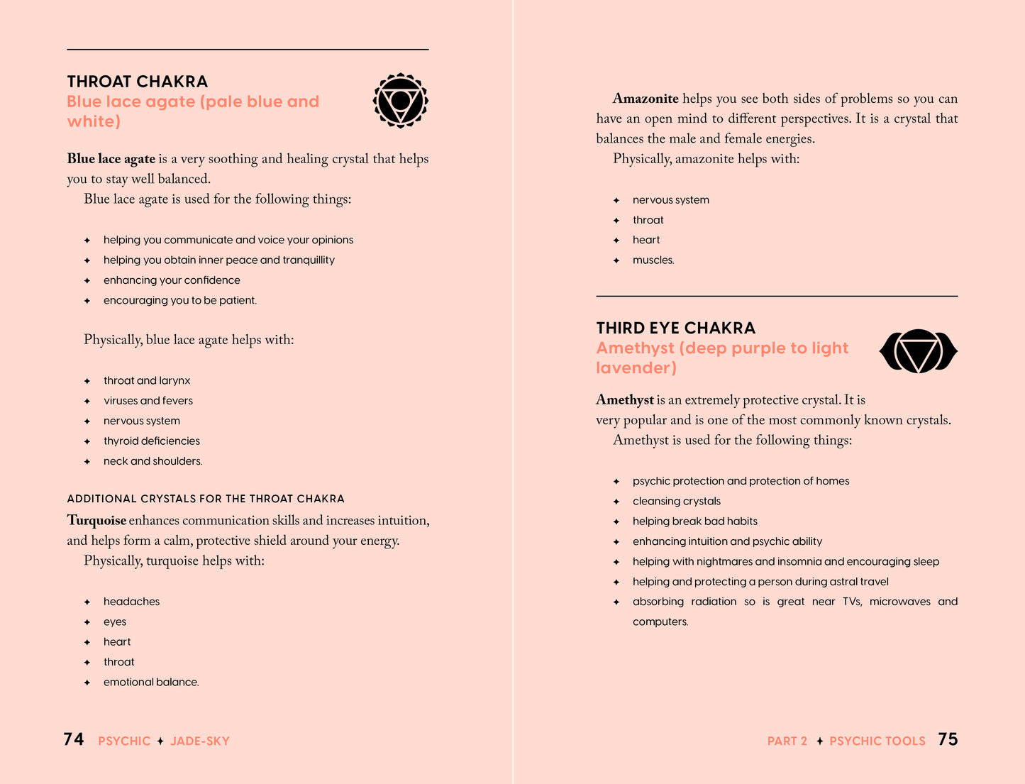 Informational page about Throat and Third Eye Chakras with crystal properties on a pink background.