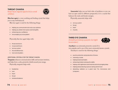 Informational page about Throat and Third Eye Chakras with crystal properties on a pink background.