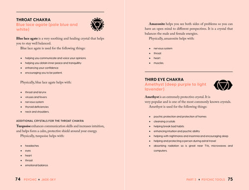 Informational page about Throat and Third Eye Chakras with crystal properties on a pink background.