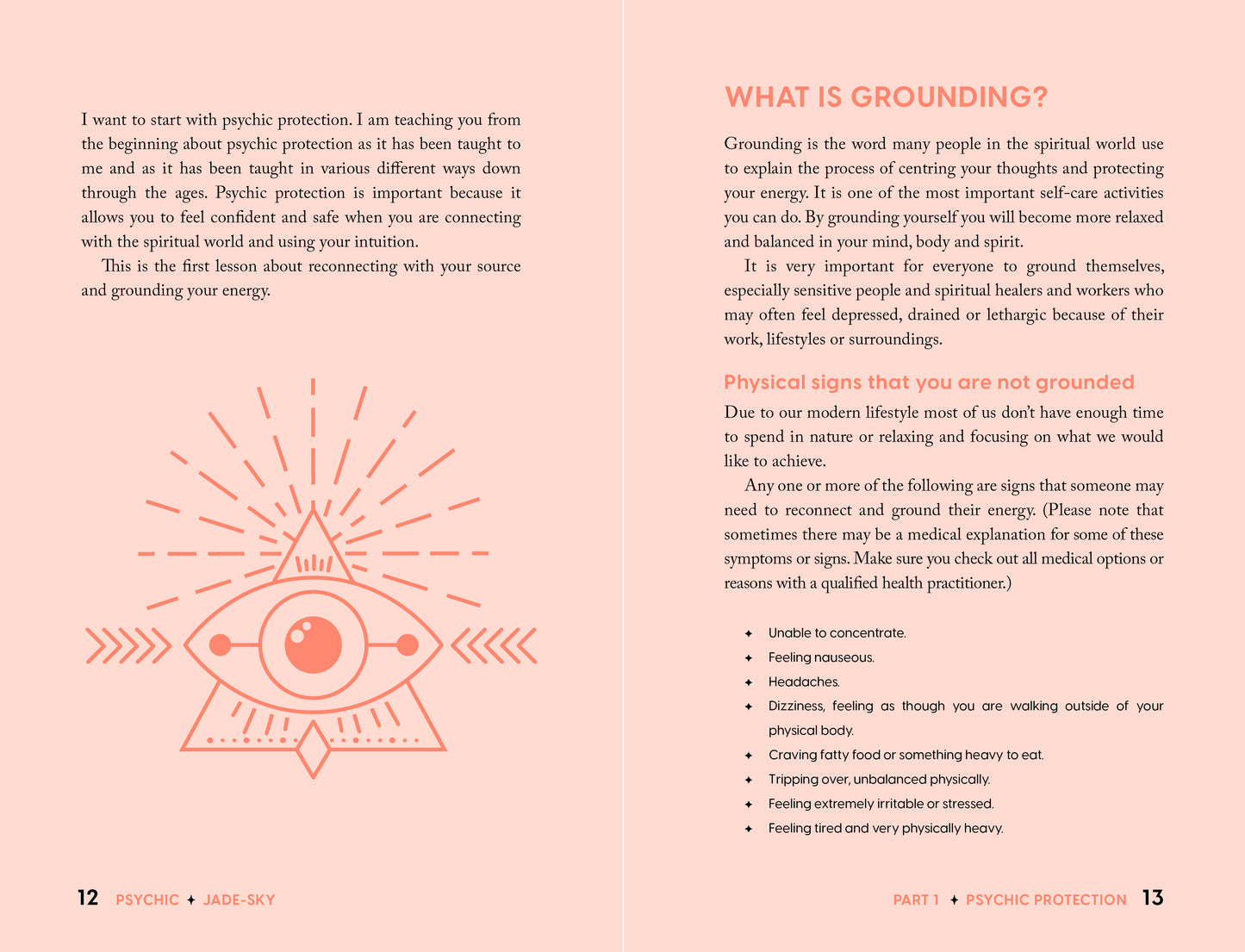 Book page with text on psychic protection and a symbol of an eye with rays on a pink background.