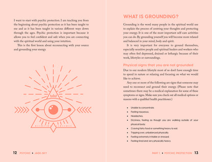 Book page with text on psychic protection and a symbol of an eye with rays on a pink background.