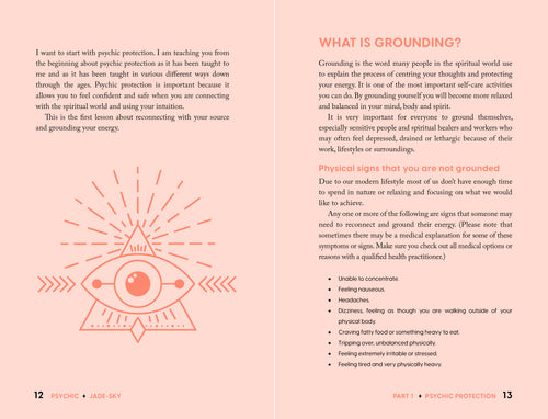 Book page with text on psychic protection and a symbol of an eye with rays on a pink background.