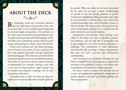 Book page with text about an oracle deck, featuring decorative elements.
