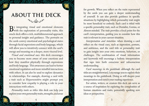 Book page with text about an oracle deck, featuring decorative elements.
