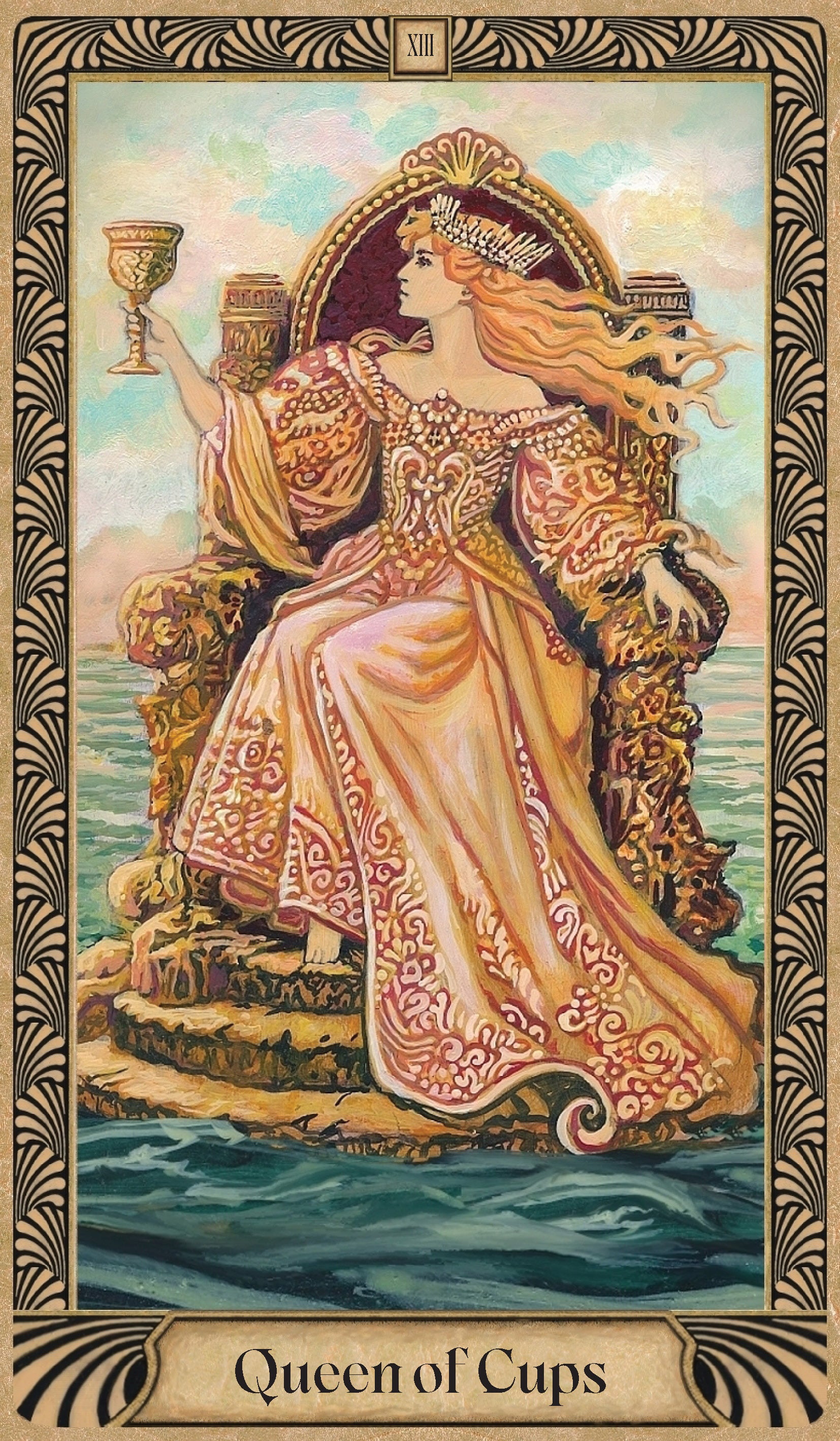 Tarot card featuring the 'Queen of Cups' with a decorative border
