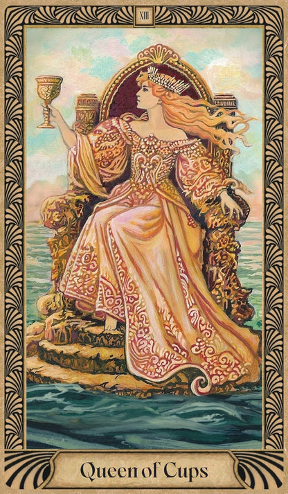 Tarot card featuring the 'Queen of Cups' with a decorative border