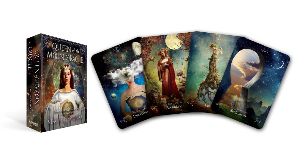 Queen of the Moon Oracle card set with packaging on a white background