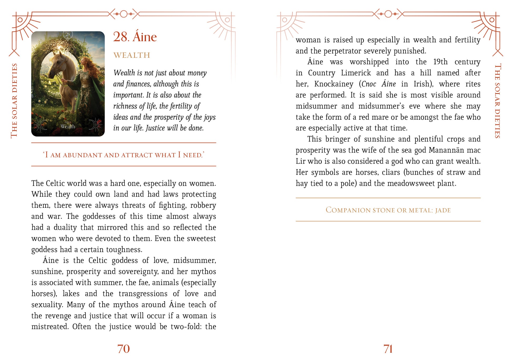 Page from a book with text and an illustration of a woman and horse, discussing the goddess Aine.