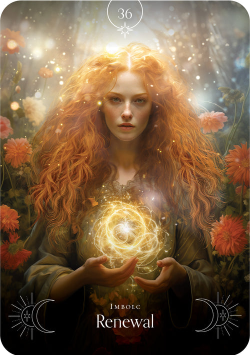 Tarot card featuring a woman with glowing hands and flowers, labeled 'Renewal'.
