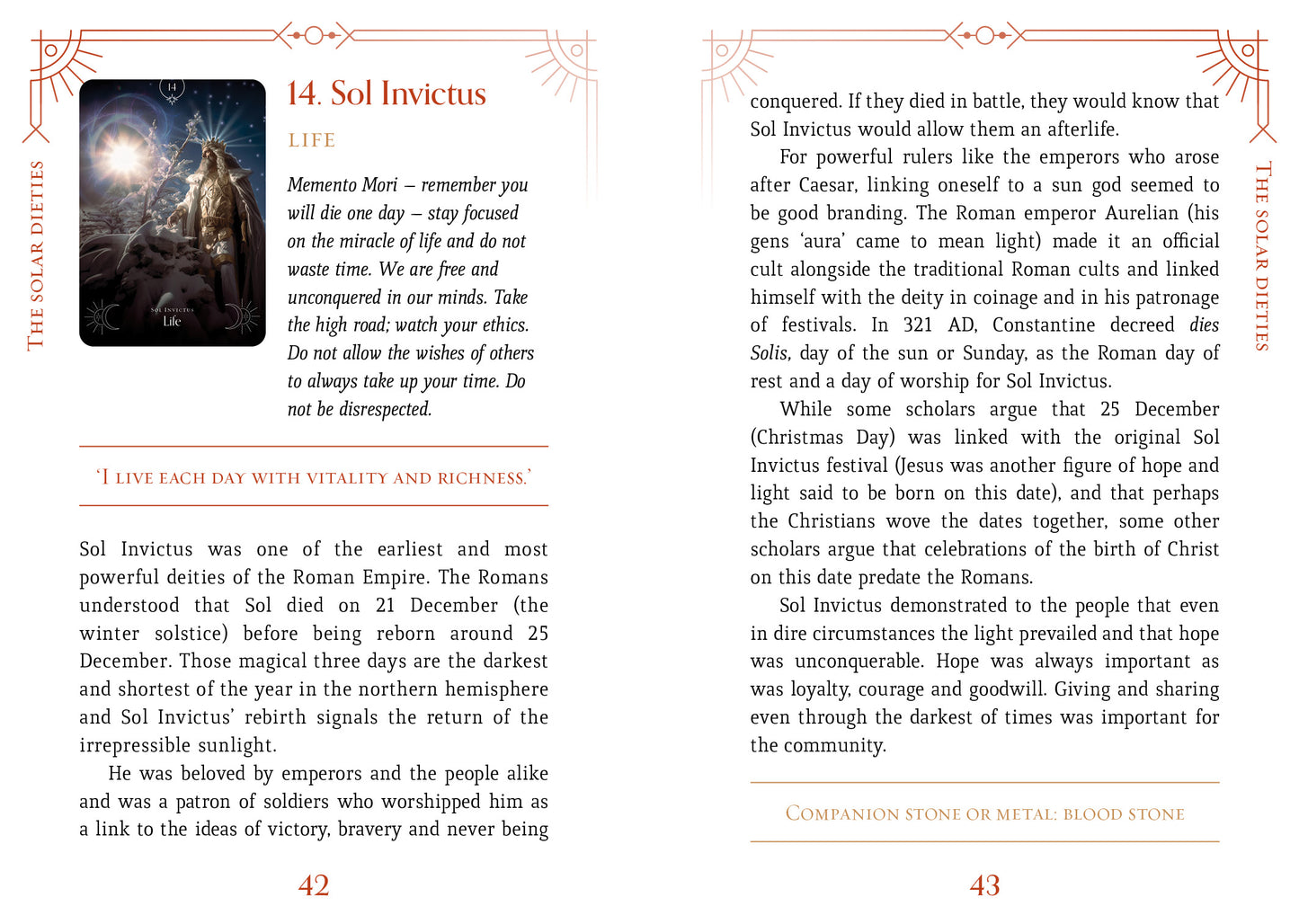 Book page with Sol Invictus text and an image of a warrior on a white background