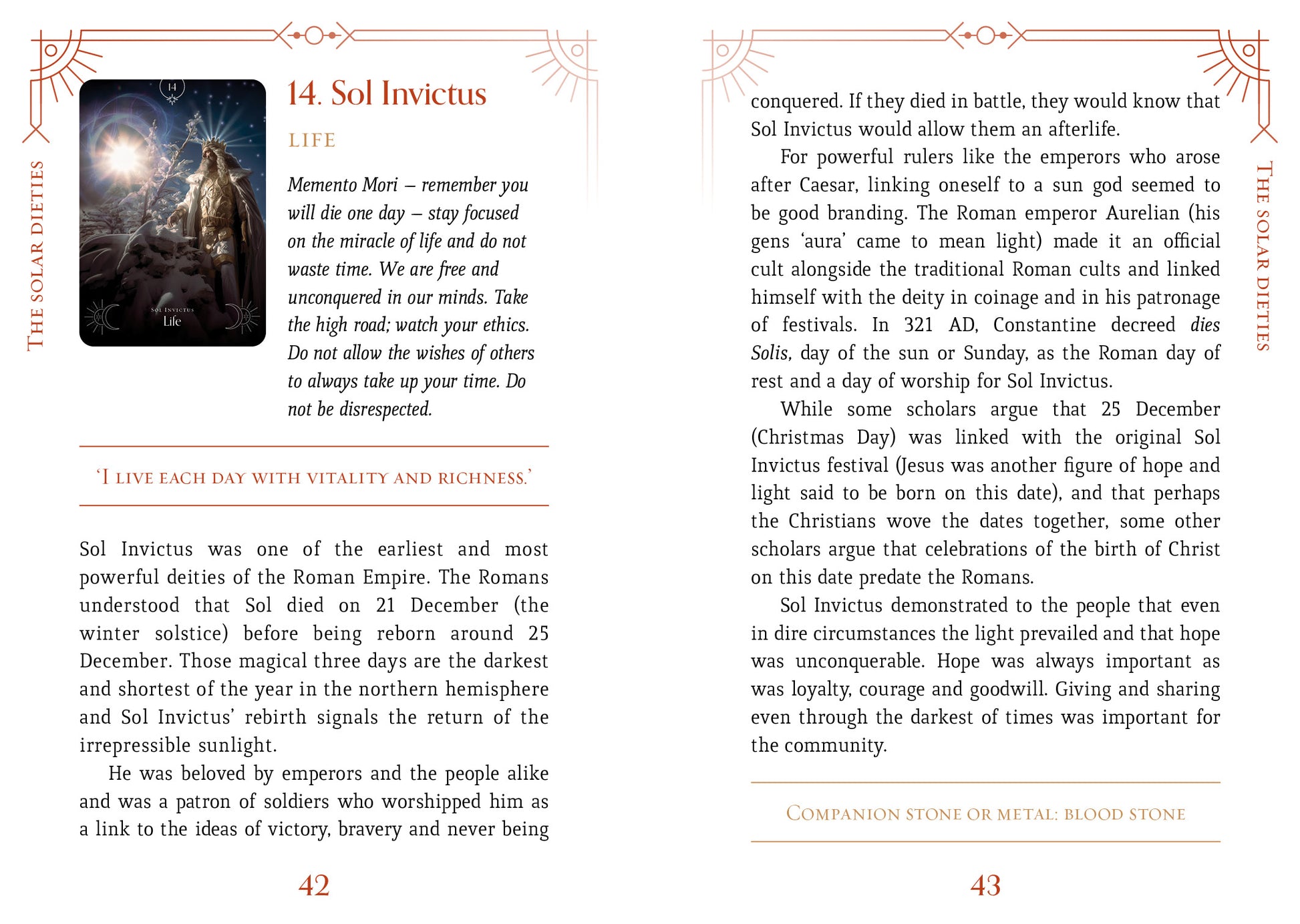 Book page with Sol Invictus text and an image of a warrior on a white background