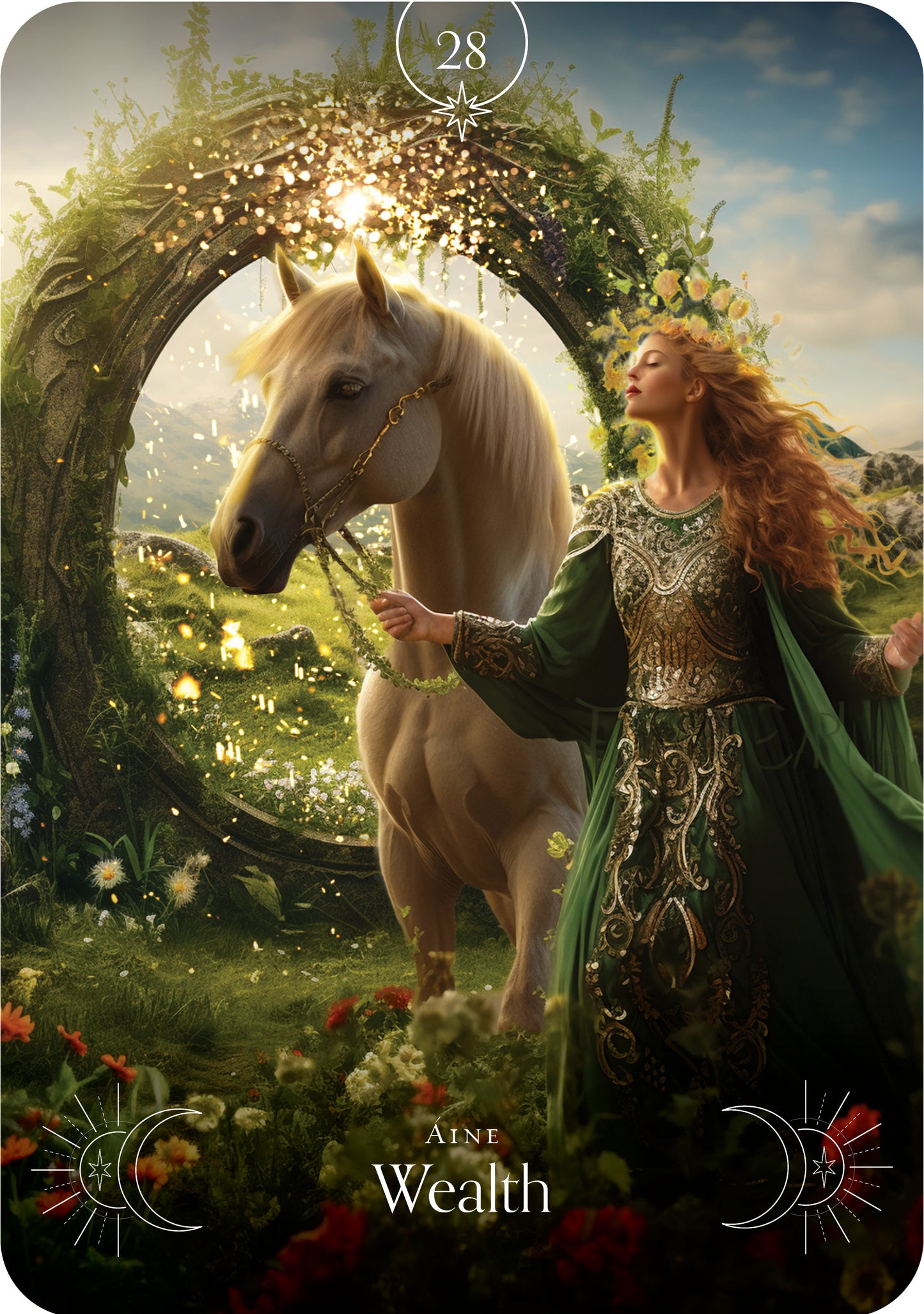 Tarot card featuring a woman and horse under a floral arch with 'Wealth' text