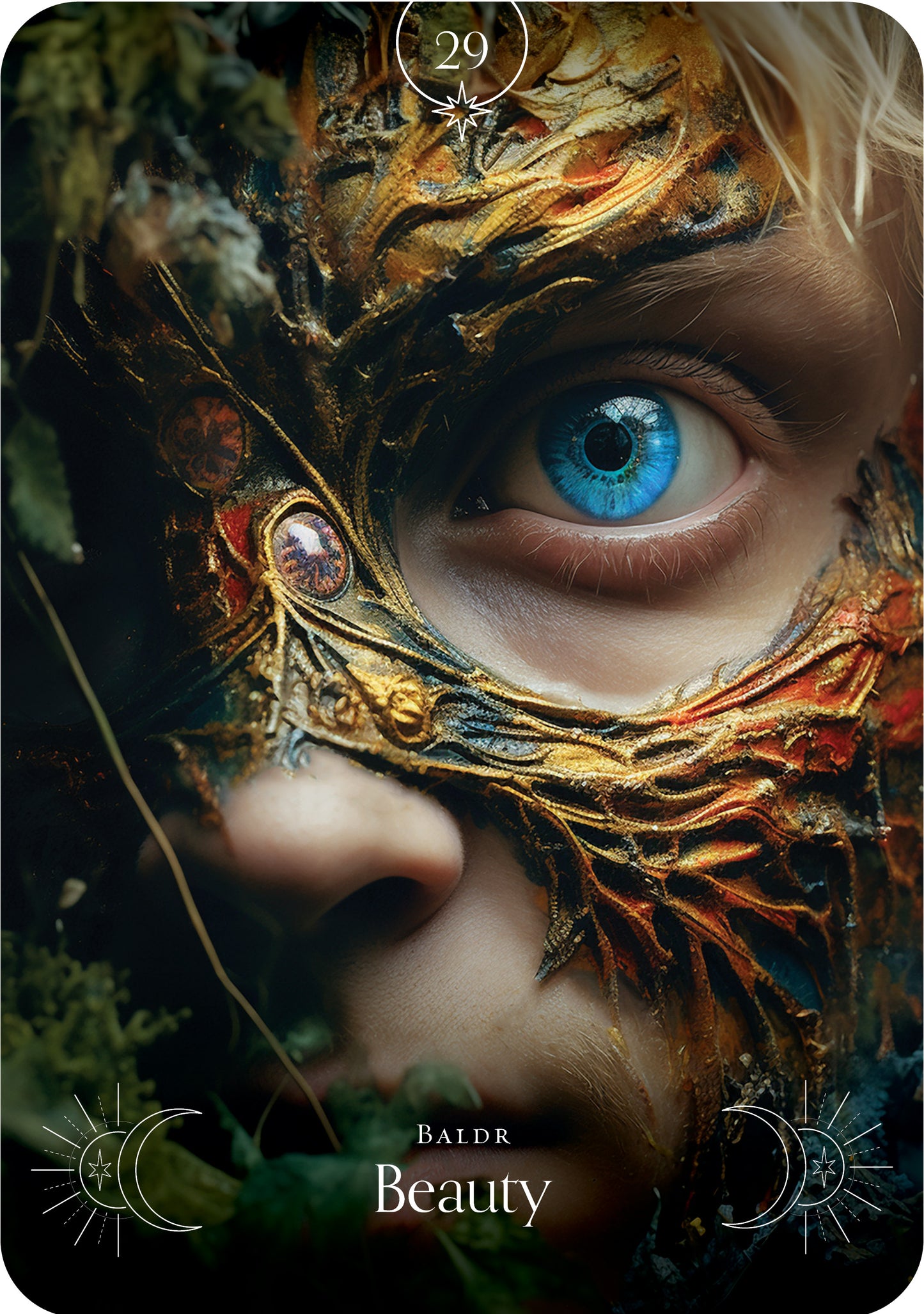 Close-up of a person wearing an ornate mask with a mystical design, surrounded by foliage.