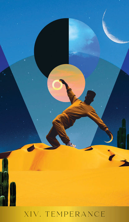 Illustration of a person in a desert landscape with abstract celestial elements, labeled 'XIV. Temperance'.
